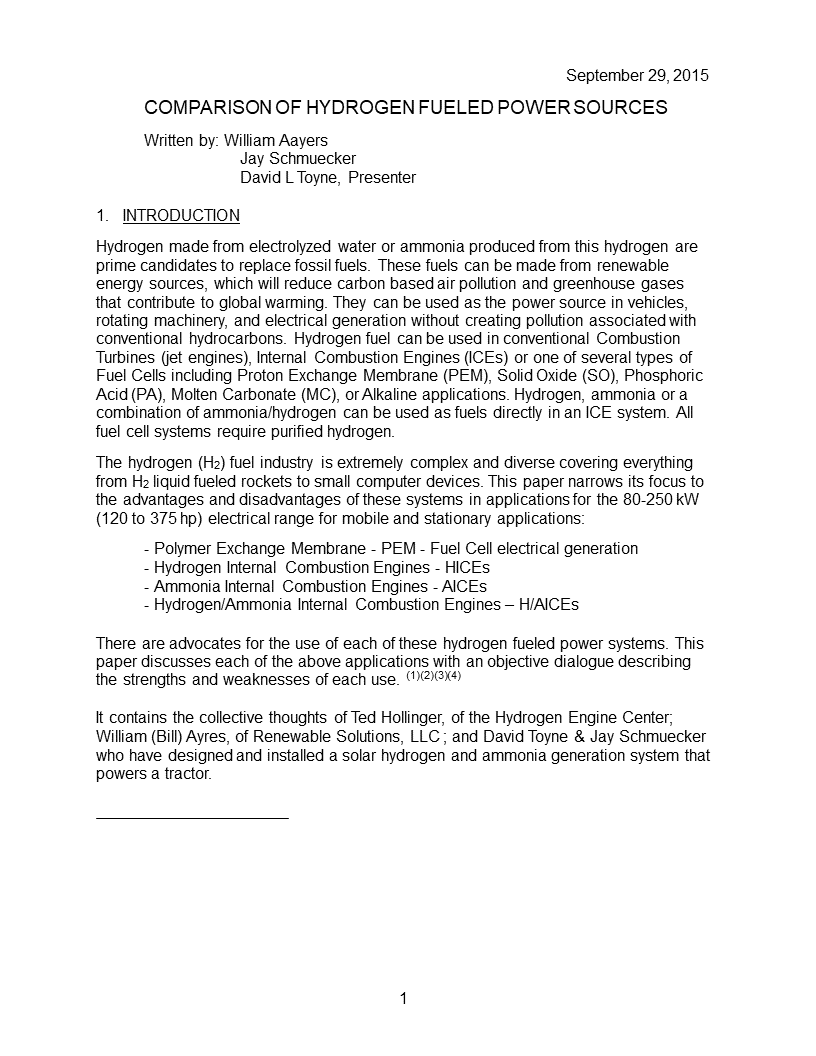 Hydrogen Fueled Power Source Comparison