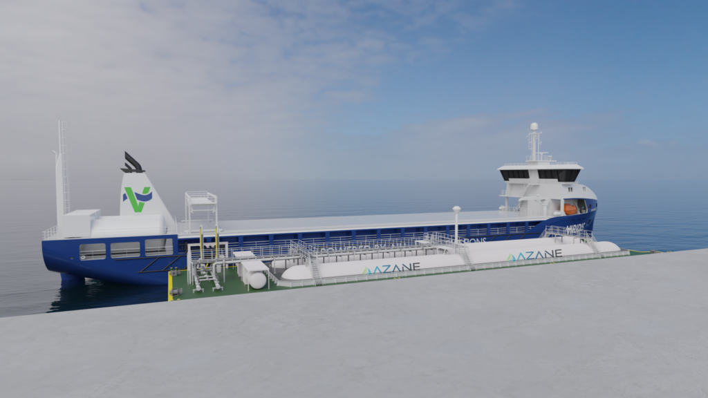 Graphic visualisation of a floating ammonia bunker terminal and barge.