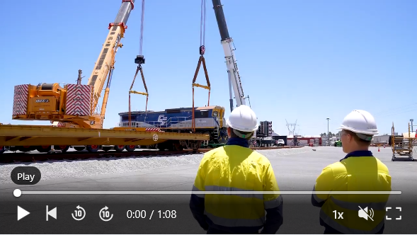 Test locomotives being delivered to Fortescue Future Industries' Perth R&D facility.