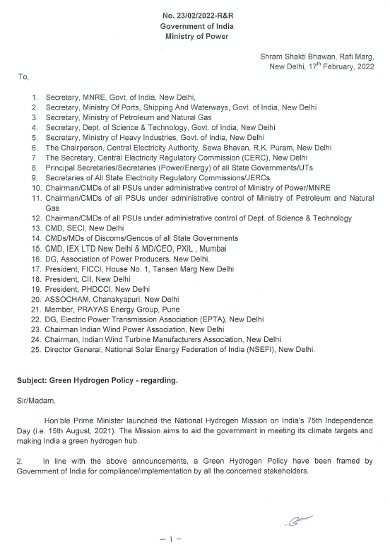 Click to download the pdf of India’s new green hydrogen policy. Source: Ministry of Power.