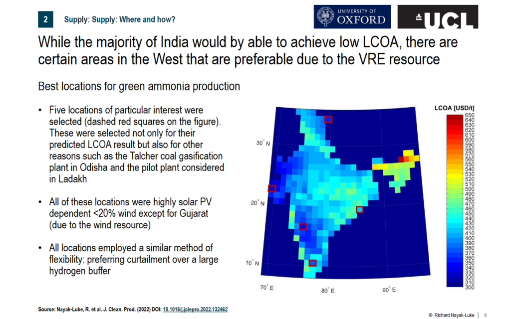 Calculated levelized cost of ammonia across India. From Richard Nayak-Luke, India’s Green Ammonia Opportunity (Mar 2023).