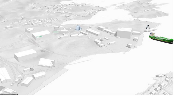 Graphic of North Ammonia’s future production plant near Arendal Harbor, producing 100,000 tonnes of electrolysis-based ammonia per year. Source: North Ammonia.
