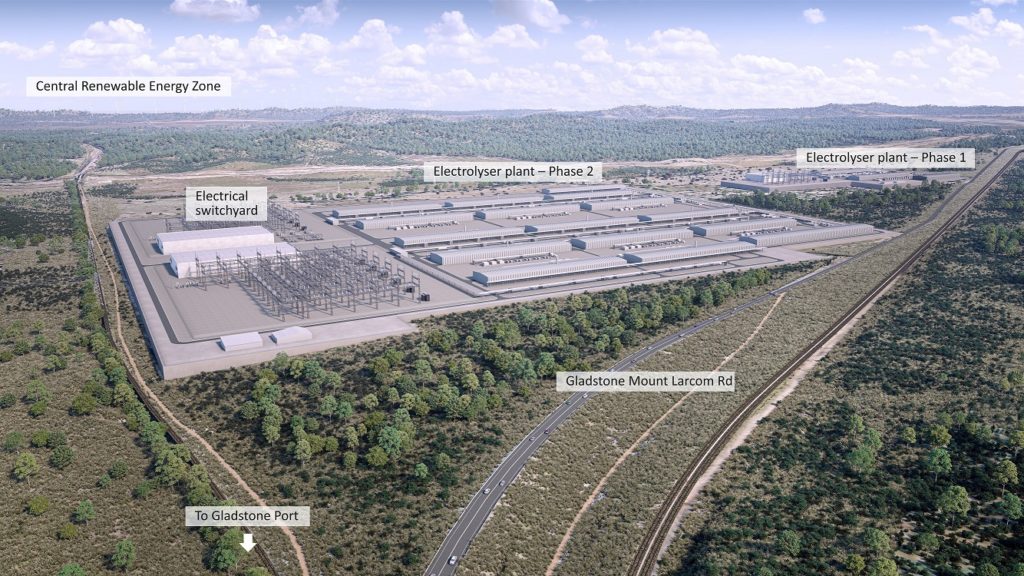 Graphic visualisation of the Central Queensland hydrogen project, which will (amongst other applications) produce renewable hydrogen feedstock for Keppel Infrastructure & IPL’s new ammonia production facility at nearby Gladstone. Source: Stanwell.