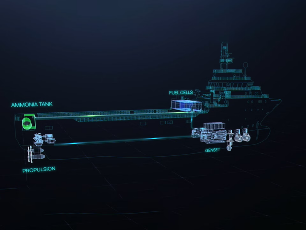 Alma Clean Power’s SOFC-based system on board an offshore supply vessel, with the ammonia tank positioned aft. Source: Alma Clean Power.