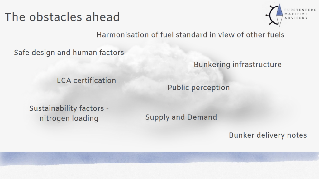 The obstacles ahead for marine ammonia fuel. From Maritime Ammonia Webinar for the Ammonia Energy Association (Dec 2023).